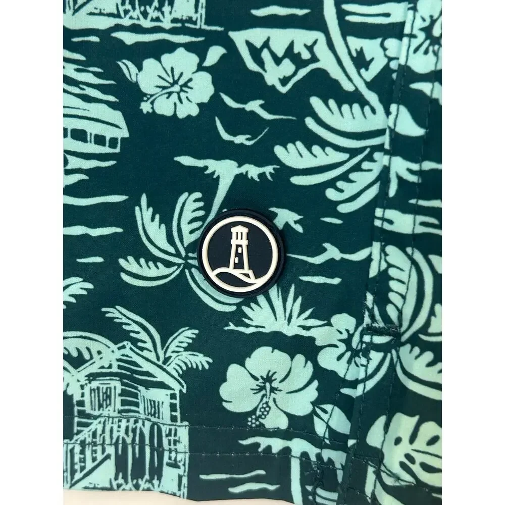 LANDS END Sz L Green Volley Swim Shorts dark green Tropical Liner Beach Vacation